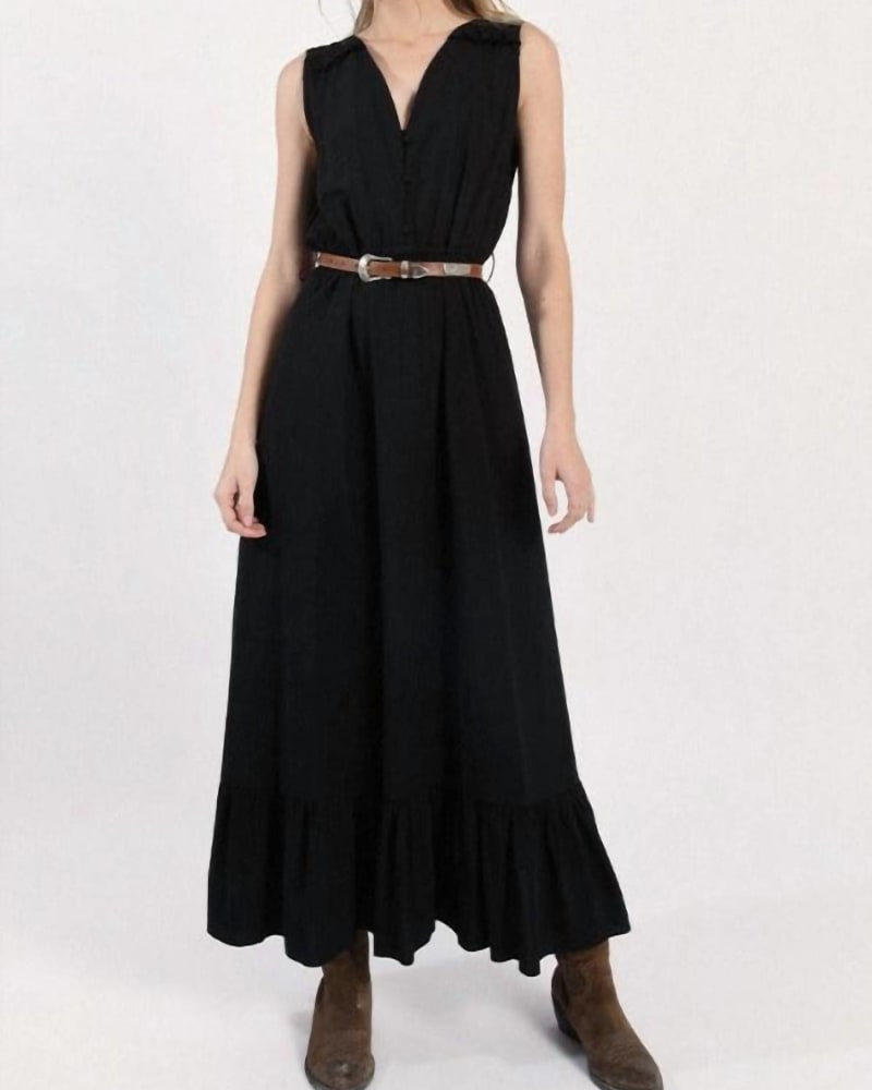 Front of a model wearing a size XL Flounced Long Dress in Black in Black by MOLLY BRACKEN. | dia_product_style_image_id:336084